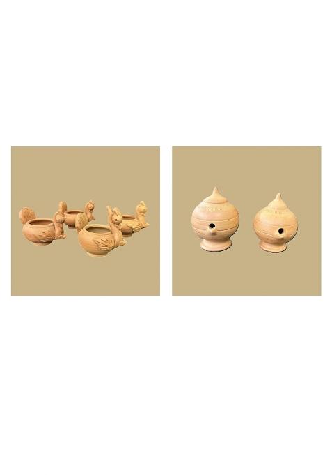 Terracotta Peacock Plain Magic Diya Combo for Pooja Decor Set of 6