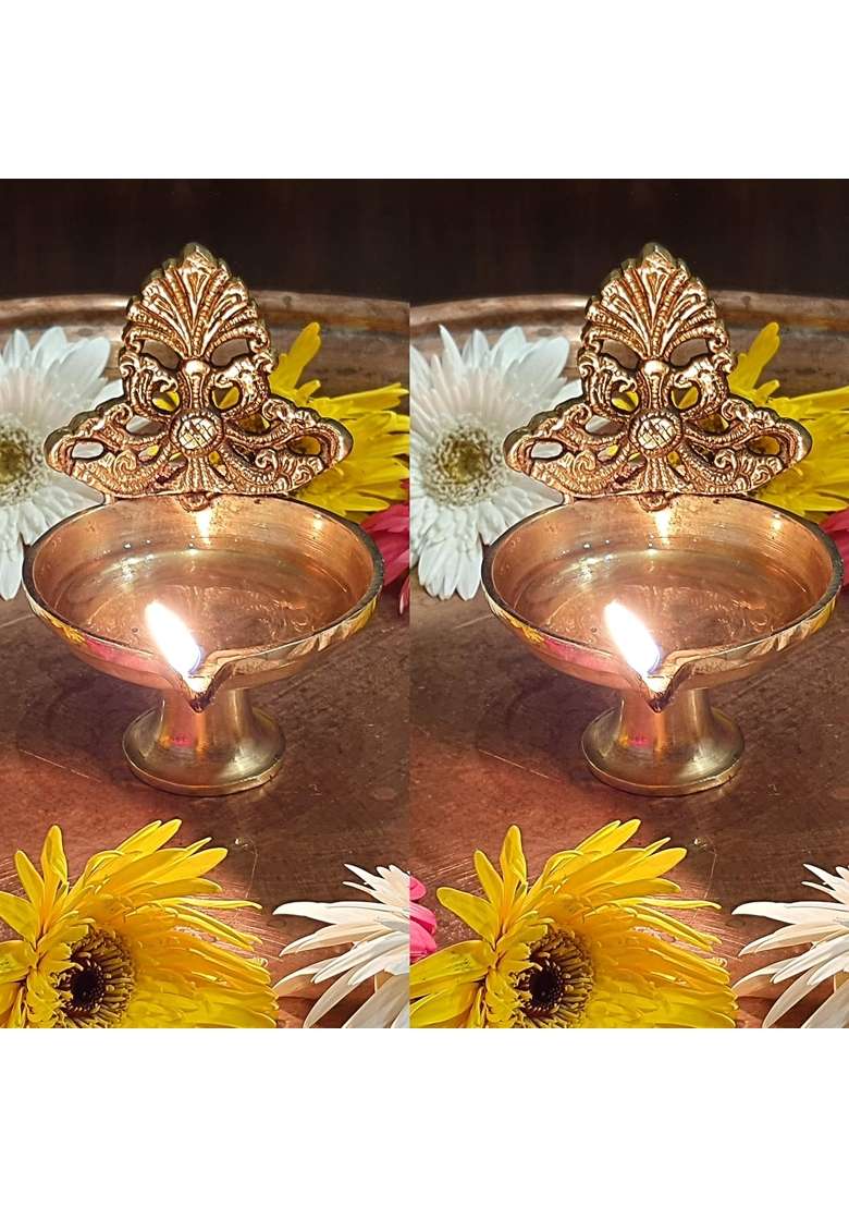 Divya Mantra Indian Diwali Oil Lamp Pooja Diya Brass Light Puja Decorations Mandir Decoration Items Set of 2 - Indya