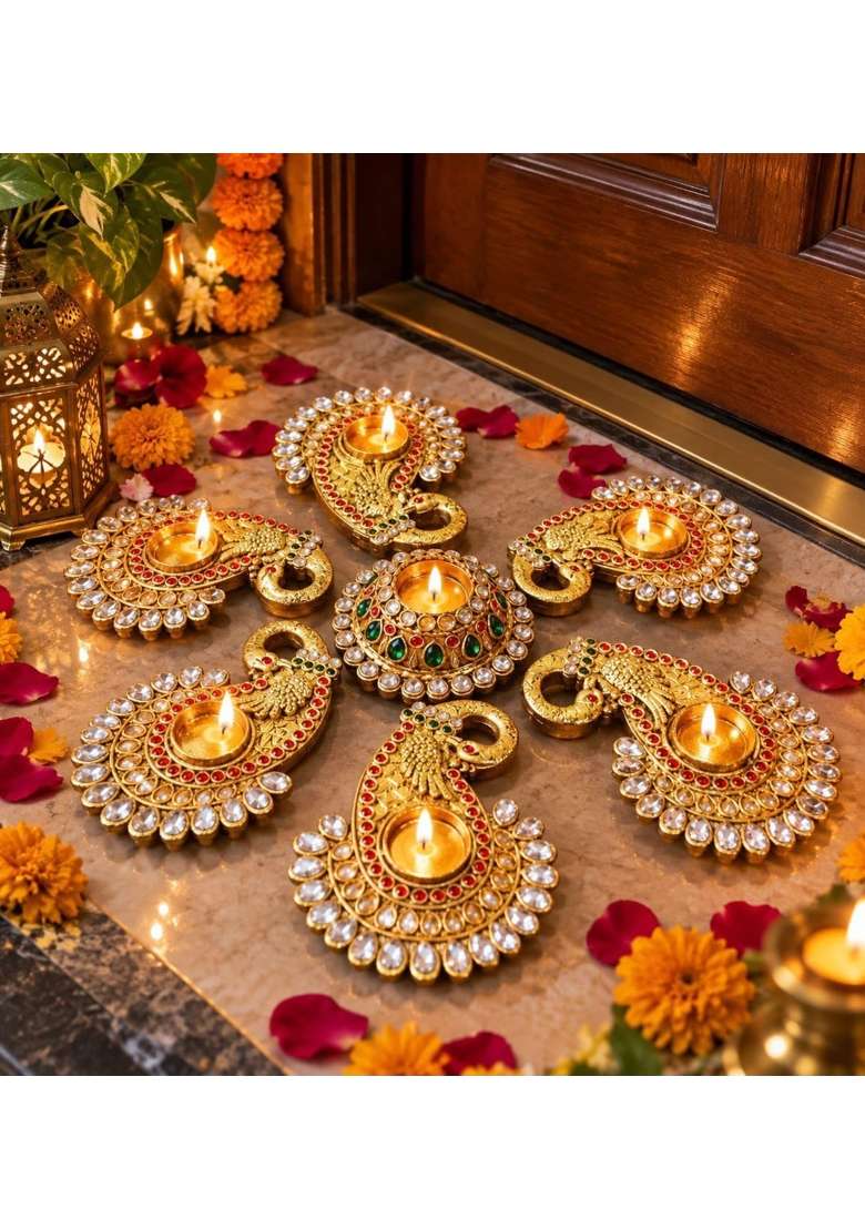 Kalakriti Creation Gold Finish Peacock Diya Kundan Stone Studded Decorative Oil Lamps with Tealight Set of 6 - Indya