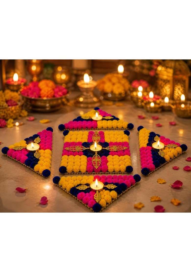 Rajasthan Kraft Handmade Rangoli Mat with Tealight Candle Holder for Diwali Decoration - Indya
