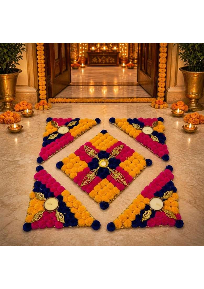Rajasthan Kraft Handmade Rangoli Mat with Tealight Candle Holder for Diwali Decoration - Indya