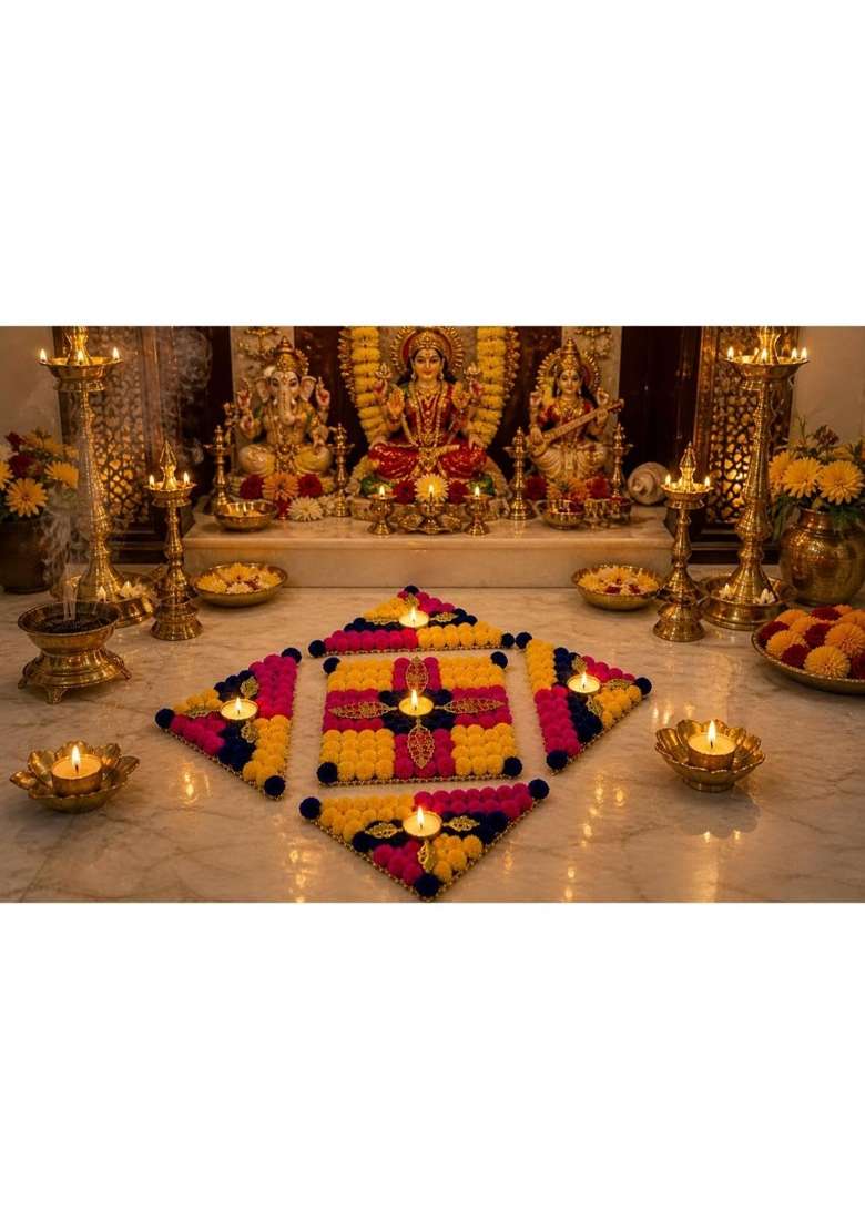 Rajasthan Kraft Handmade Rangoli Mat with Tealight Candle Holder for Diwali Decoration - Indya