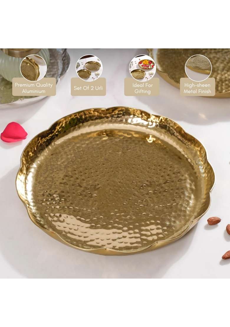 Nestasia Aluminium Urli for Diwali Decor Textured Decorative Diya Tray for Floating Flowers and Tea Set of 2 - Indya