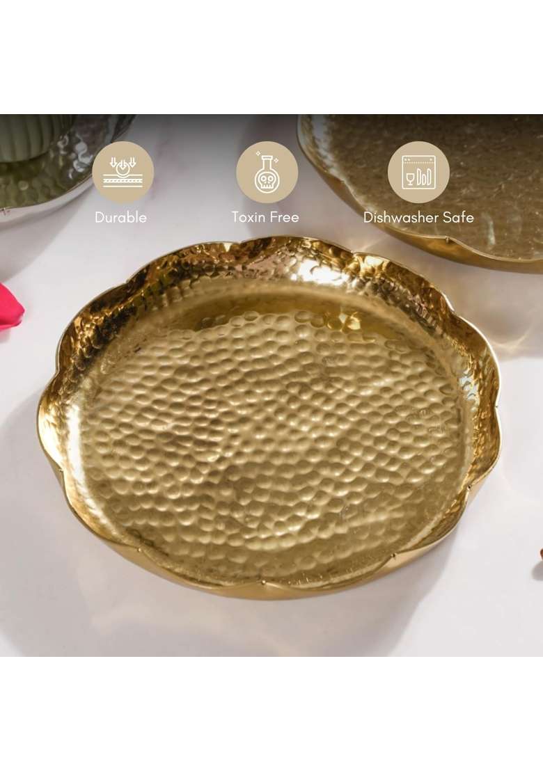 Nestasia Aluminium Urli for Diwali Decor Textured Decorative Diya Tray for Floating Flowers and Tea Set of 2 - Indya