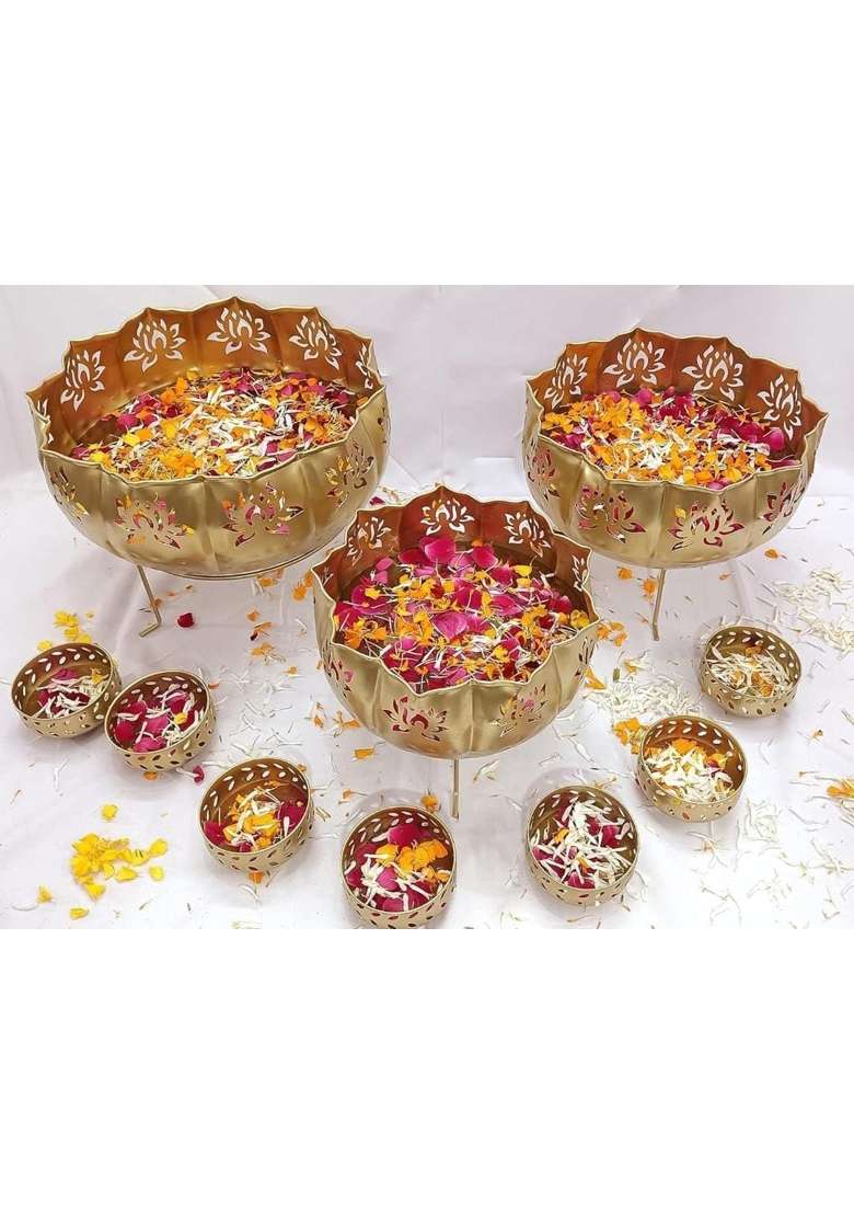 Golden Lotus Urli Bowl Candle Stand Set Decorative Metal Floating Diya Bowl - Indya