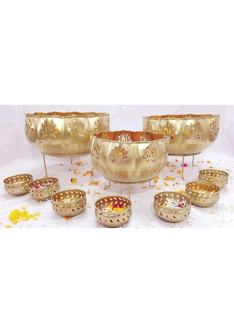 Golden Lotus Urli Bowl Candle Stand Set Decorative Metal Floating Diya Bowl - Indya
