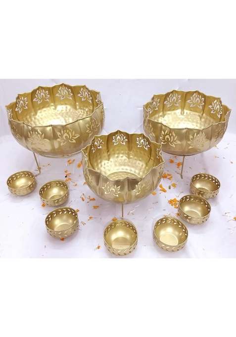 Golden Lotus Urli Bowl Candle Stand Set Decorative Metal Floating Diya Bowl