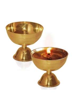 Pure Source India Gold Brass Akhand Jyoti Diya 3 and Half Inch Size Set of 2
