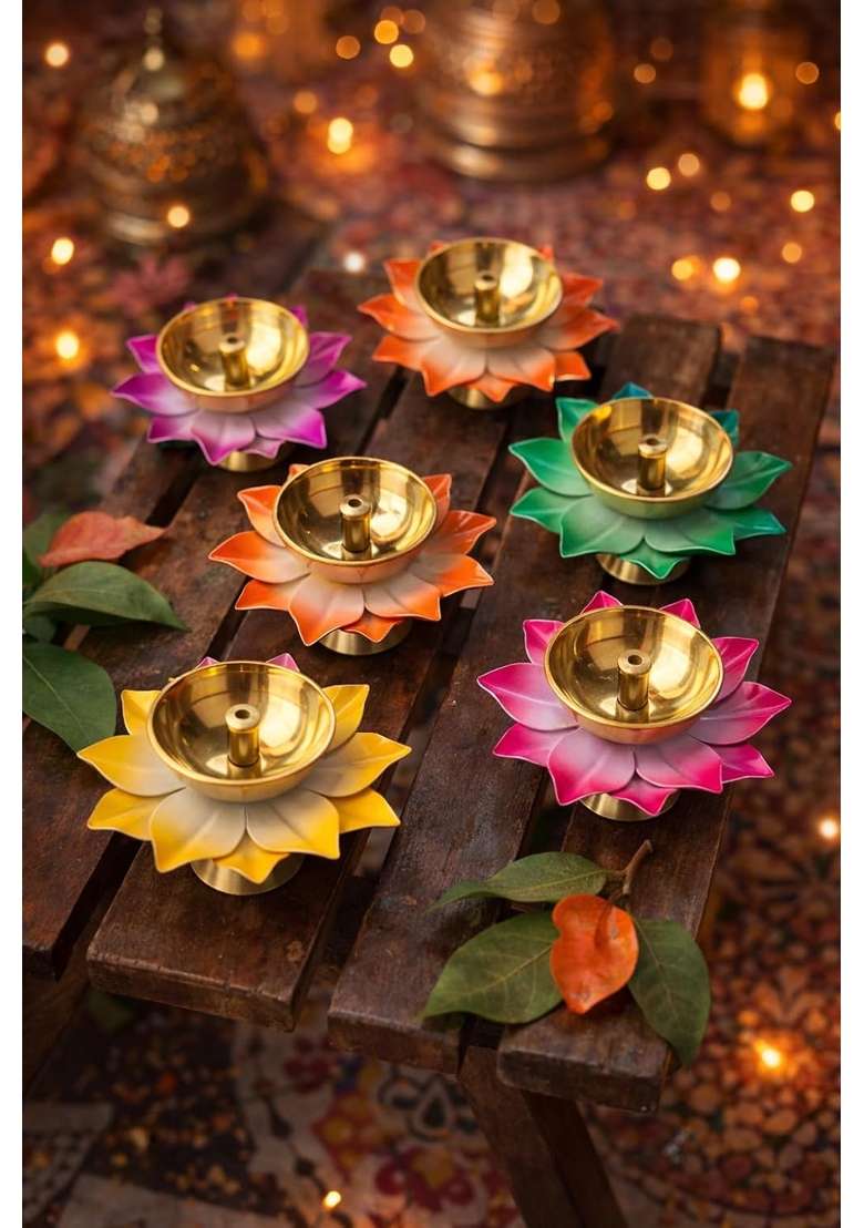 Lotus Brass Diyas Small Decorative Oil Lamps for Diwali Pooja and Home Temple Set of 6 - Indya