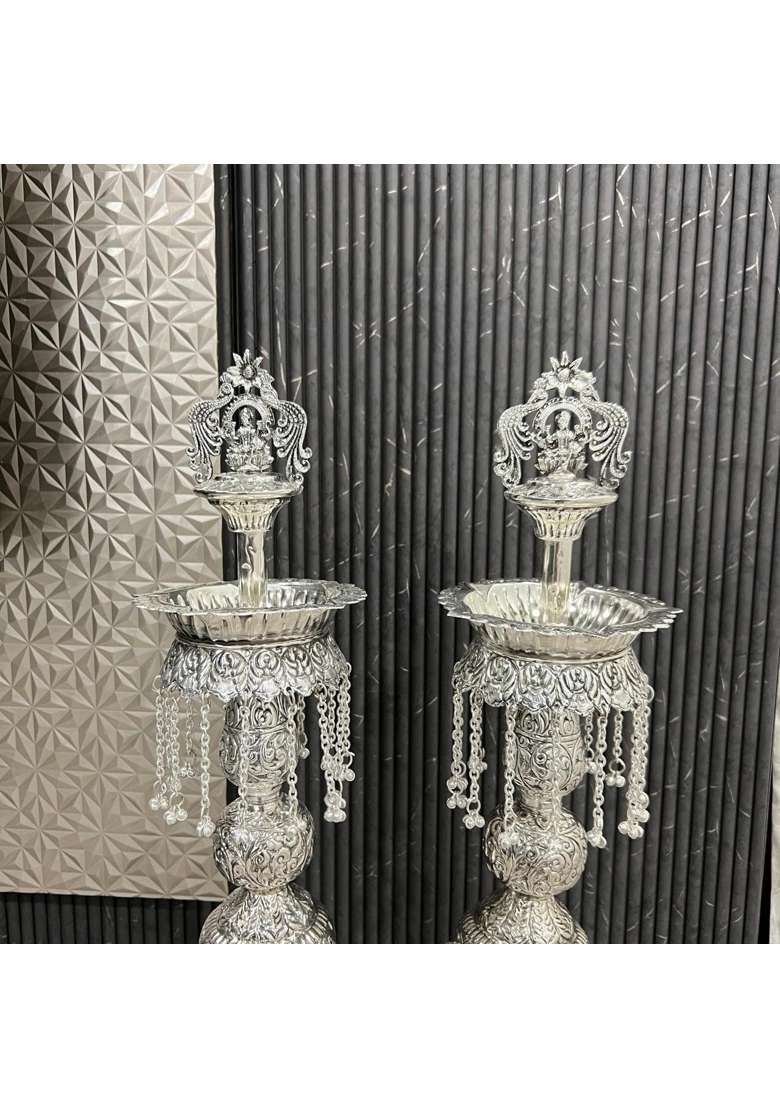 Mishita Collections German Silver Hand Engraved Goddess Lakshmi Samai Pair Set of 2 - Indya