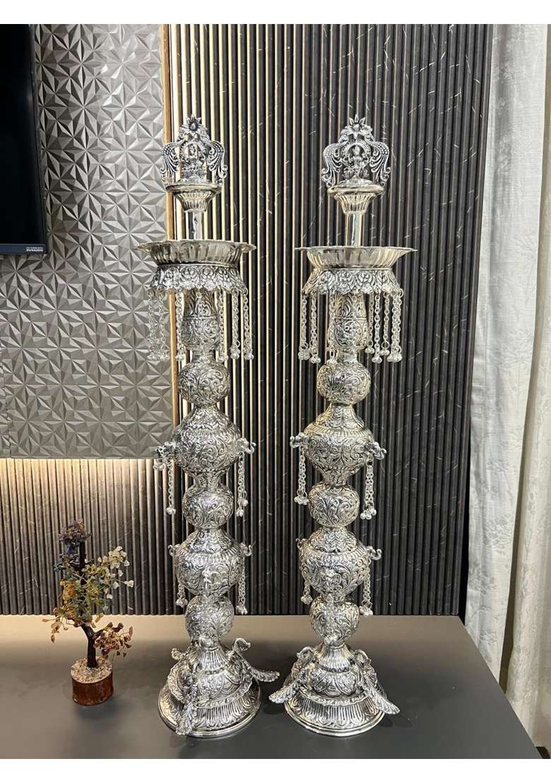 Mishita Collections German Silver Hand Engraved Goddess Lakshmi Samai Pair Set of 2 - Indya