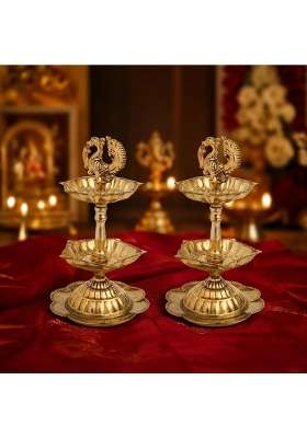 The Divine Tales Peacock Brass Oil Lamp Traditional 2 Tier Deepam with Peacock Motif Multi Wick Set of 2