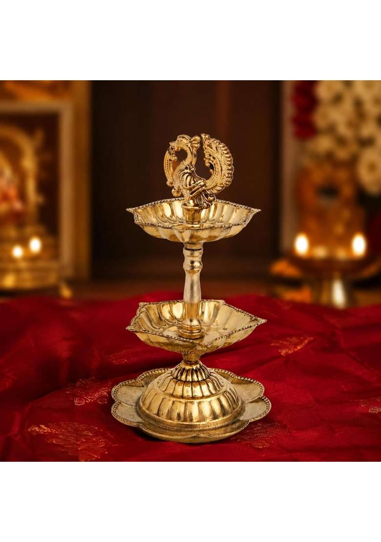 The Divine Tales Peacock Brass Oil Lamp Traditional 2 Tier Deepam with Peacock Motif Multi Wick Set of 2 - Indya