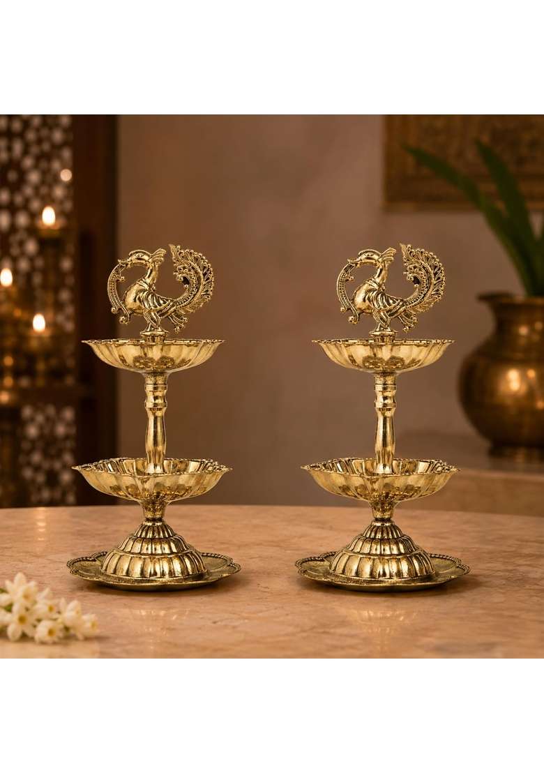 The Divine Tales Peacock Brass Oil Lamp Traditional 2 Tier Deepam with Peacock Motif Multi Wick Set of 2 - Indya