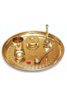 Gayatri Creation Shubh Mangal Brass Pooja Thali Set 6 Piece Engraved Pooja Set with Diya Agardan Yachman