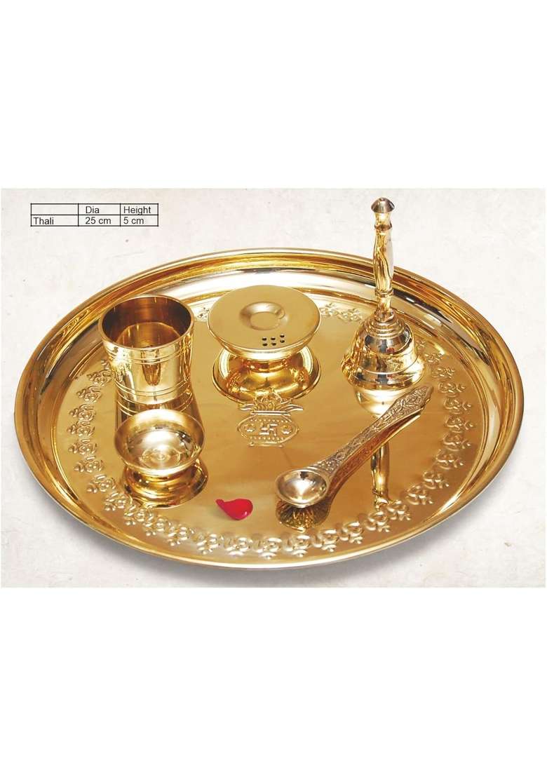 Gayatri Creation Shubh Mangal Brass Pooja Thali Set 6 Piece Engraved Pooja Set with Diya Agardan Yachman - Indya