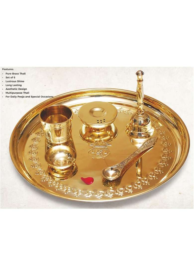 Gayatri Creation Shubh Mangal Brass Pooja Thali Set 6 Piece Engraved Pooja Set with Diya Agardan Yachman - Indya