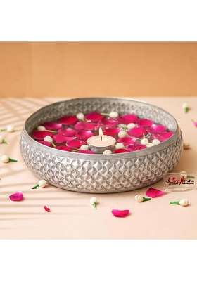Ecraftindia Floral Silver Metal Urli Bowl for Home Decoration Office Tv Unit Kitchen Showpiece for Good Luck