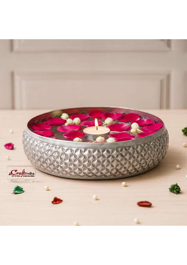 Ecraftindia Floral Silver Metal Urli Bowl for Home Decoration Office Tv Unit Kitchen Showpiece for Good Luck - Indya