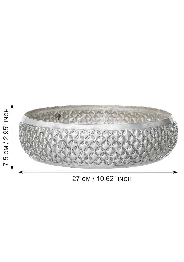 Ecraftindia Floral Silver Metal Urli Bowl for Home Decoration Office Tv Unit Kitchen Showpiece for Good Luck - Indya