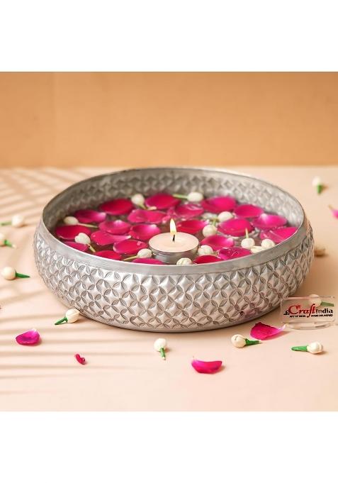 Ecraftindia Floral Silver Metal Urli Bowl for Home Decoration Office Tv Unit Kitchen Showpiece for Good Luck