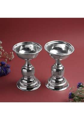 Bhimonee Decor Silver GS Plain Fancy Diya Set Metal Decorative Oil Lamp for Pooja