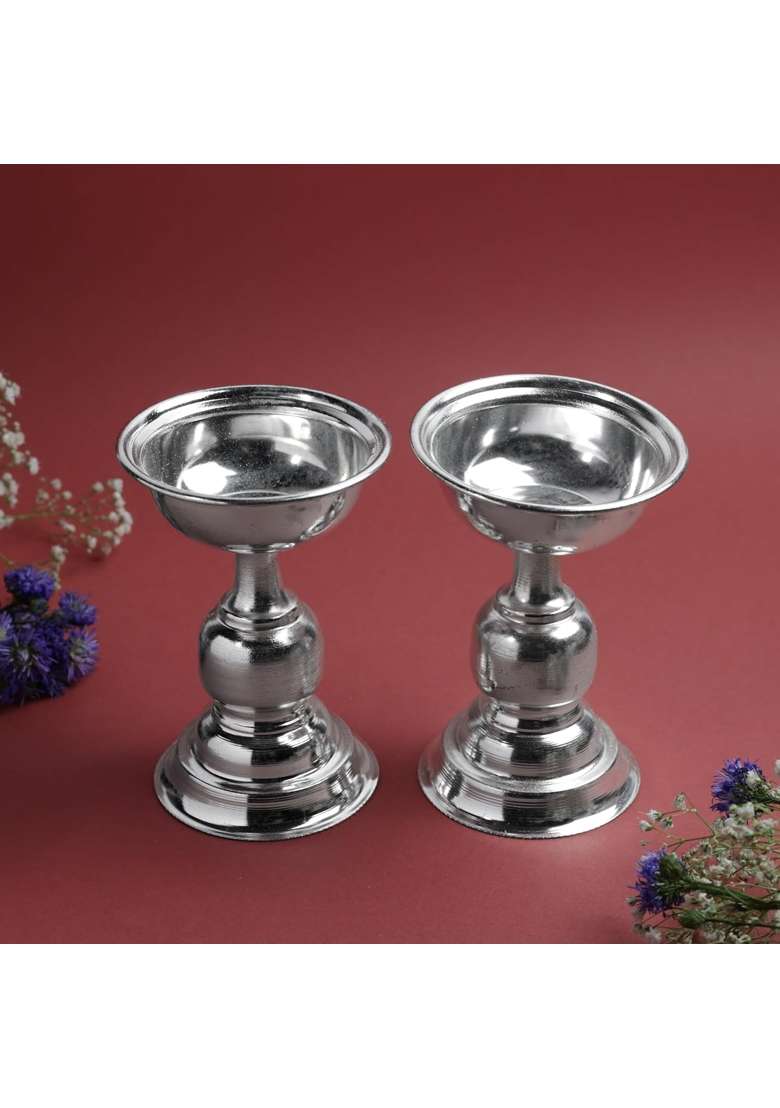 Bhimonee Decor Silver GS Plain Fancy Diya Set Metal Decorative Oil Lamp for Pooja - Indya