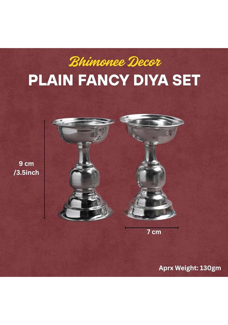 Bhimonee Decor Silver GS Plain Fancy Diya Set Metal Decorative Oil Lamp for Pooja - Indya