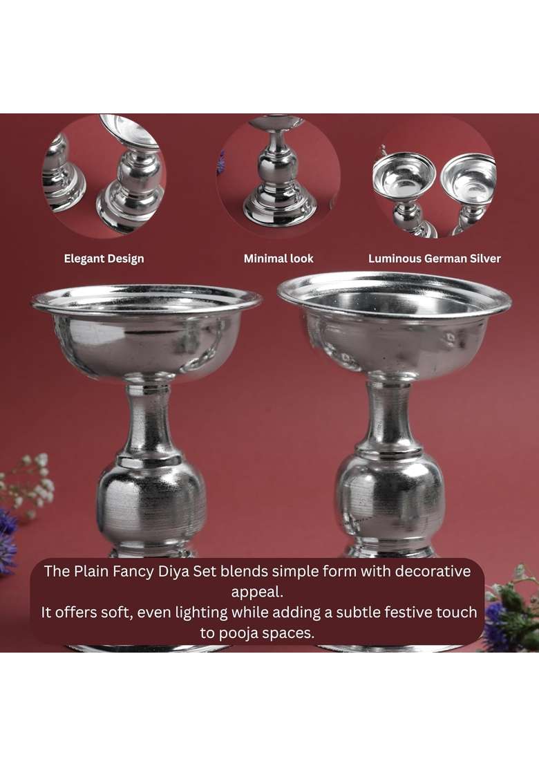 Bhimonee Decor Silver GS Plain Fancy Diya Set Metal Decorative Oil Lamp for Pooja - Indya