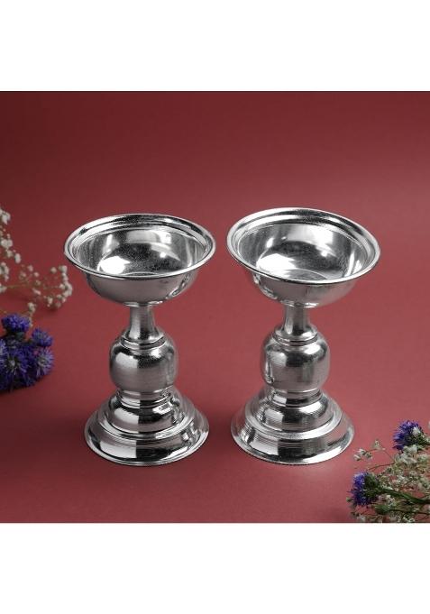 Bhimonee Decor Silver GS Plain Fancy Diya Set Metal Decorative Oil Lamp for Pooja