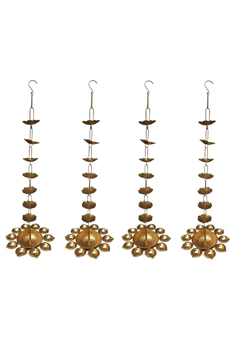 Auslese Hanging Diya Urli Handcrafted Golden Iron with 7 Lotus Leaves in Chain and 10 Tealight Set of 4 - Indya