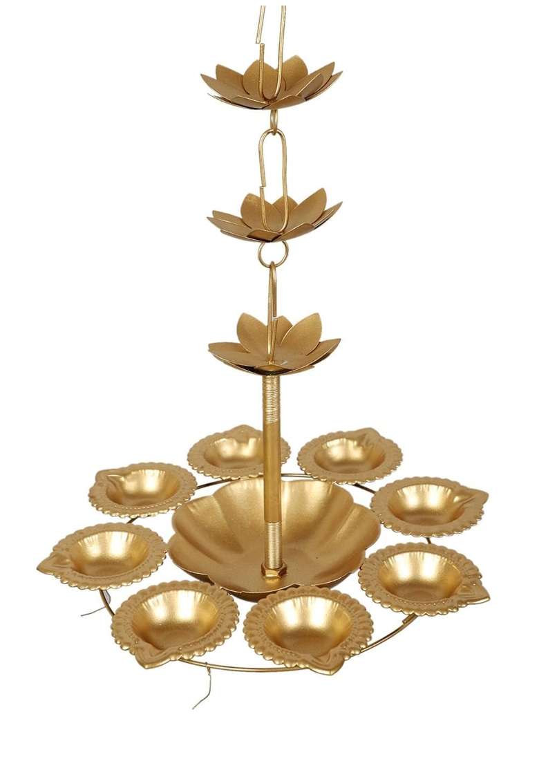 Auslese Hanging Diya Urli Handcrafted Golden Iron with 7 Lotus Leaves in Chain and 10 Tealight Set of 4 - Indya