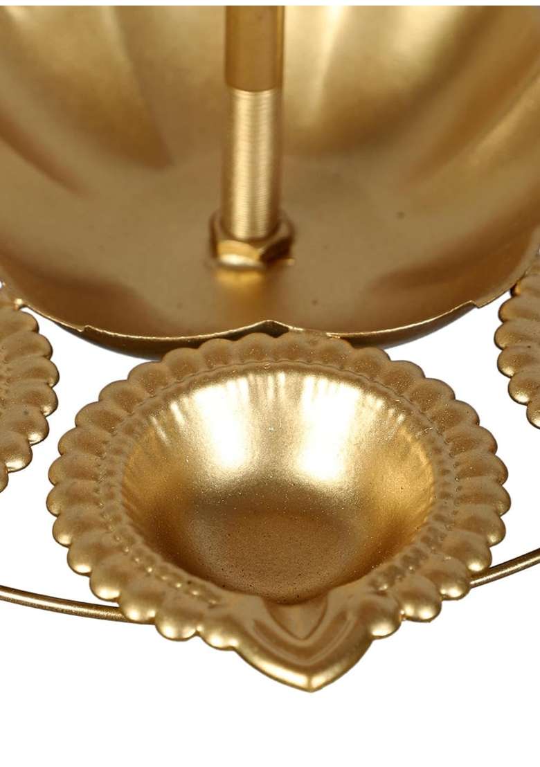Auslese Hanging Diya Urli Handcrafted Golden Iron with 7 Lotus Leaves in Chain and 10 Tealight Set of 4 - Indya