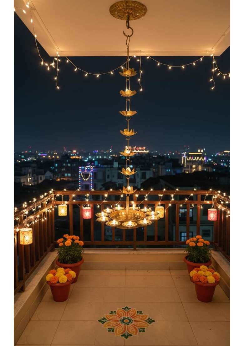 Auslese Hanging Diya Urli Handcrafted Golden Iron with 7 Lotus Leaves in Chain and 10 Tealight Set of 4 - Indya
