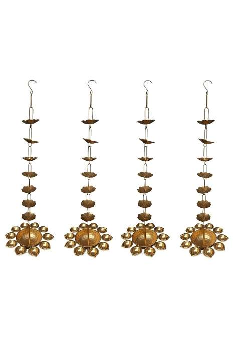 Auslese Hanging Diya Urli Handcrafted Golden Iron with 7 Lotus Leaves in Chain and 10 Tealight Set of 4