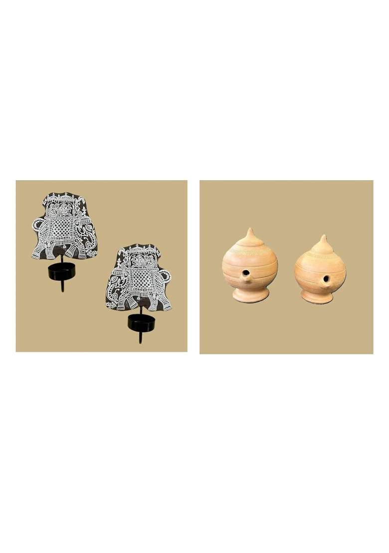 Block Wall Elephant Plain Magic Diya Combo for Pooja Decor Set of 4 - Indya