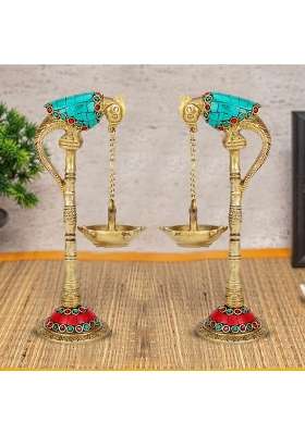 Kartique Brass Peacock Hanging Diya Multicolor Oil Lamp for Pooja Set of 2