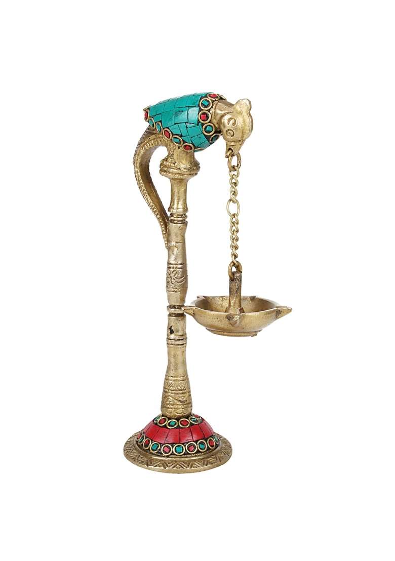 Kartique Brass Peacock Hanging Diya Multicolor Oil Lamp for Pooja Set of 2 - Indya