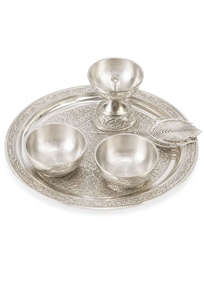 Silver SF Exports Pooja Thali Set with Diya Holder Katoris and Leaf Spoon - Indya
