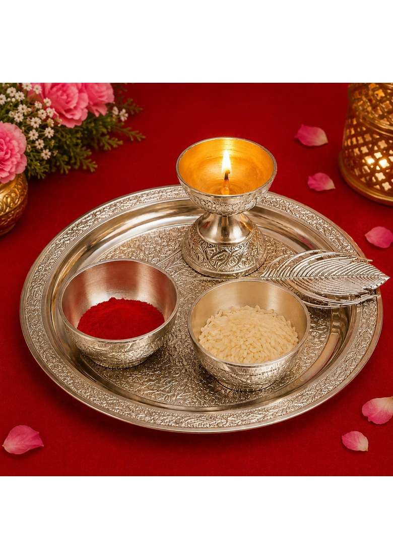 Silver SF Exports Pooja Thali Set with Diya Holder Katoris and Leaf Spoon - Indya