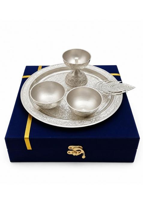 Silver SF Exports Pooja Thali Set with Diya Holder Katoris and Leaf Spoon