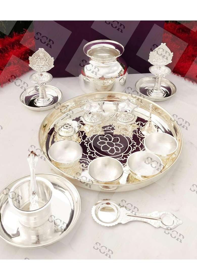 Sgr Handicrafts German Silver Lakshmi Pooja Set with Kalash Thali Diya Panchpatra Bell and Puja Accessories - Indya