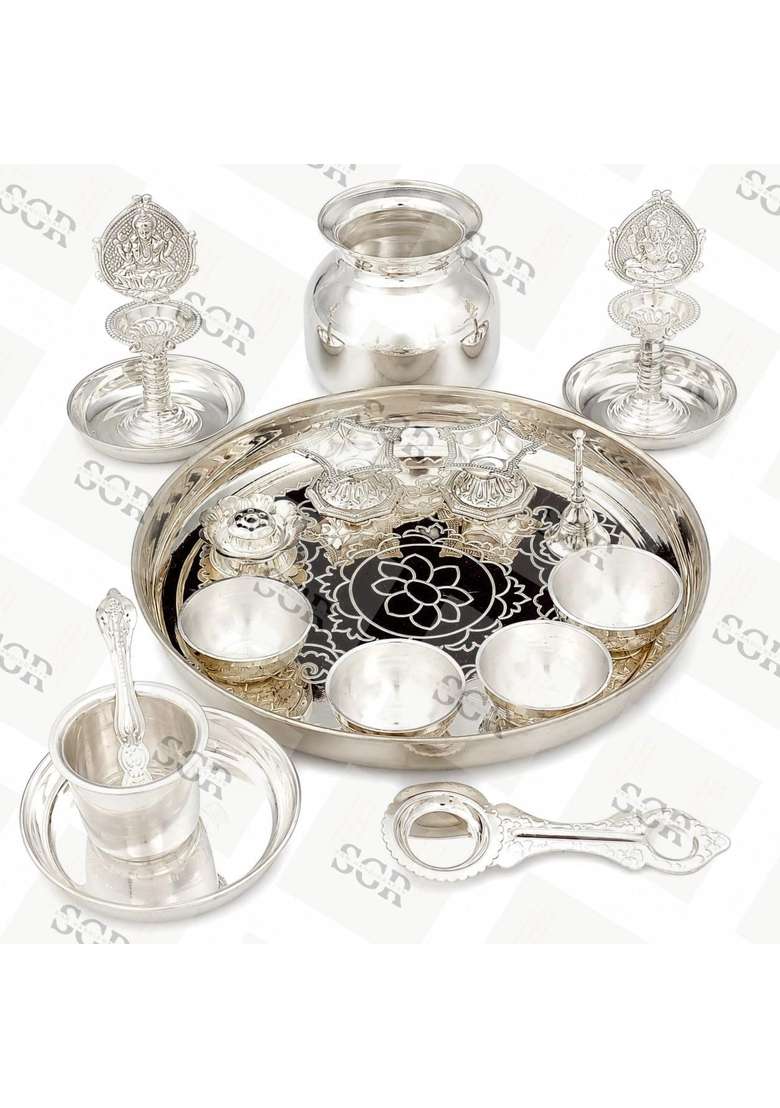 Sgr Handicrafts German Silver Lakshmi Pooja Set with Kalash Thali Diya Panchpatra Bell and Puja Accessories - Indya