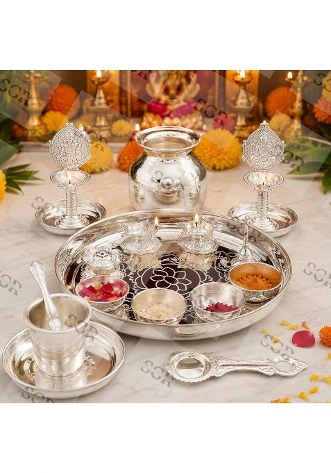 Sgr Handicrafts German Silver Lakshmi Pooja Set with Kalash Thali Diya Panchpatra Bell and Puja Accessories