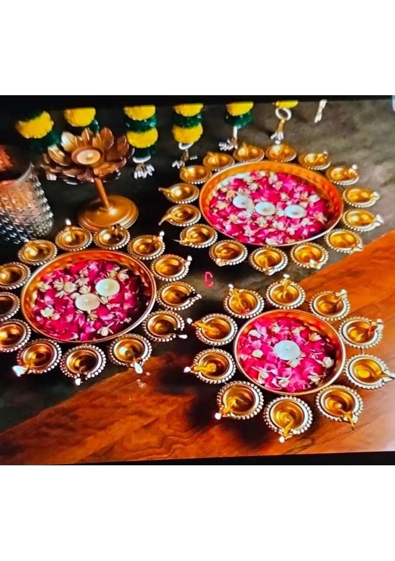 Traditional Iron Diya Set with Rose Petals Decorative Oil Lamps for Diwali Puja Gold and Pink - Indya