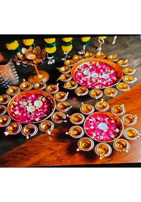 Traditional Iron Diya Set with Rose Petals Decorative Oil Lamps for Diwali Puja Gold and Pink