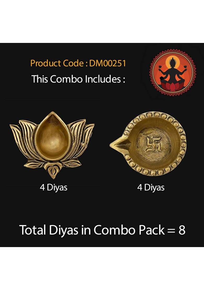 Divya Mantra Indian Diwali Oil Lamp Pooja Diya Brass Light Puja Decorations Mandir Decoration Items Set of 8 - Indya