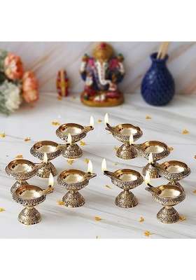 Ecraftindia Golden Lotus Flower Shape Decorative Brass Diya for Diwali Lotus Flower Shape Diya Pack of 10