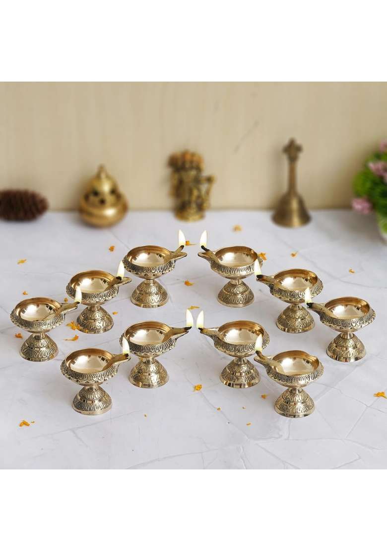 Ecraftindia Golden Lotus Flower Shape Decorative Brass Diya for Diwali Lotus Flower Shape Diya Pack of 10 - Indya