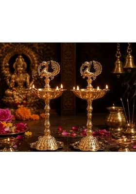 Srimaa Ventures Yellow Traditional Brass Peacock Oil Lamps Set of 2